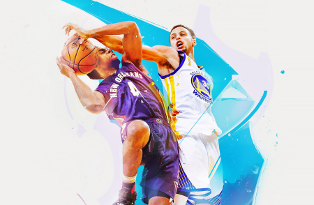 Grafika dwóch skaczących zawodników NBA